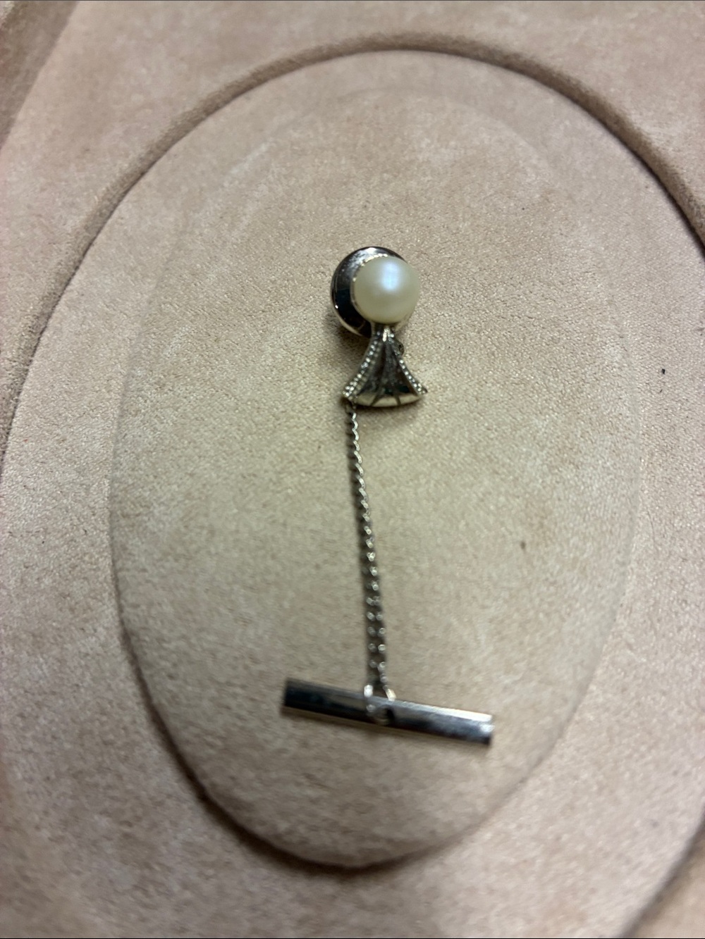 Vintage Pearl and Silver T-Bar Tie Pin - White Pearl Accent